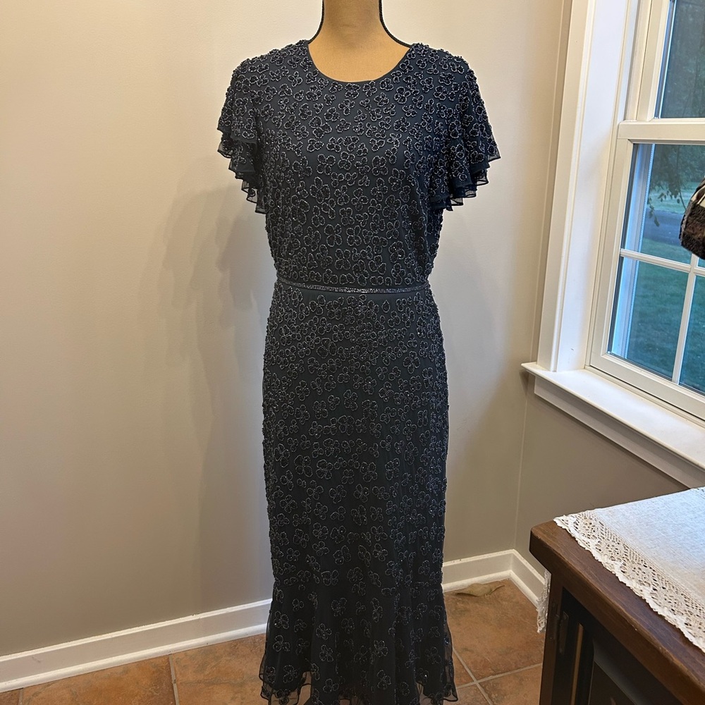 Mac Duggal Navy Floral Midi Dress